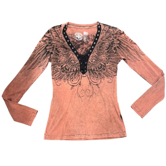 Affliction Tops - Affliction Women's Long Sleeve Tee with Wing Design